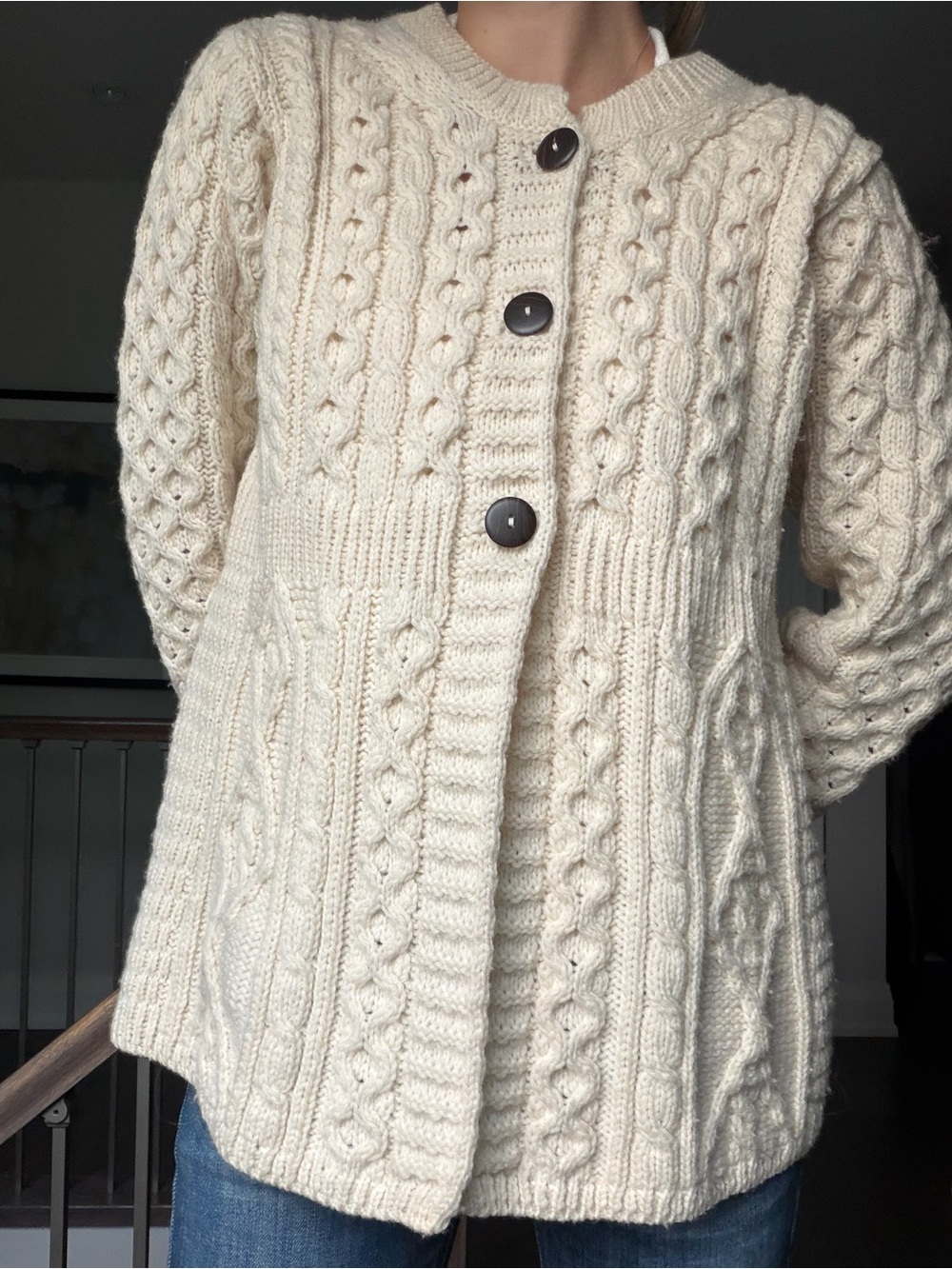 Chunky Irish Cable-Knit Button Front Cardigan Sweater - Cream